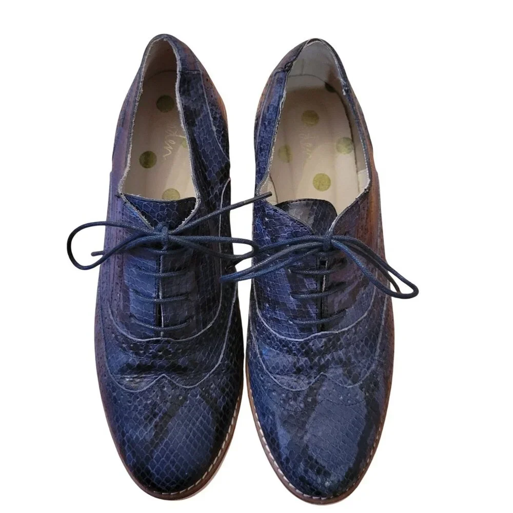 Boden 38 Blue Snakeskin Leather‎ WILLA Platform Brogue Oxford 7 Wingtip